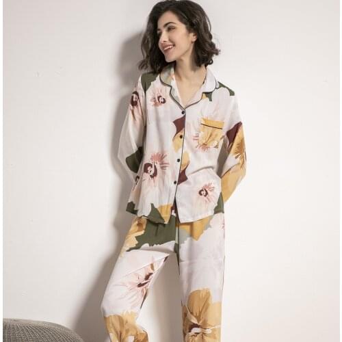 New Product Thin Cotton Silk Long-sleeved Trousers Homewear, Comfortable Lapel Open Button Ladies Cotton Pajamas Set