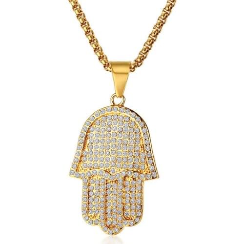 Titanium Steel Rhinestone Hand Of Fatima Charms Necklace for Men BFF Gold Color Hip Hop Lucky Amulet Jewelry Gift
