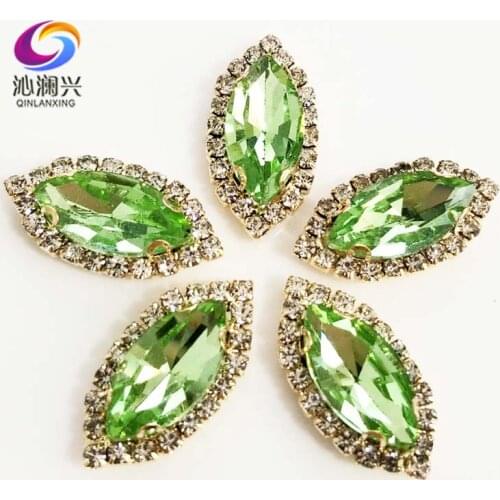 Gold bottom Light green Top grade Glass Crystal buckle, eye shape sew on rhinestones with holes,Diy/jewelry accessories SWEKG15