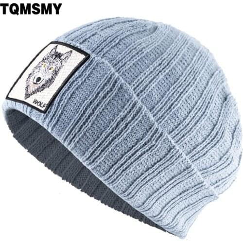 Embroidered wolf patterns Beanies men Knitting wool hat Thick warm bone skullies winter hats for women gorros stripe hip-hop cap