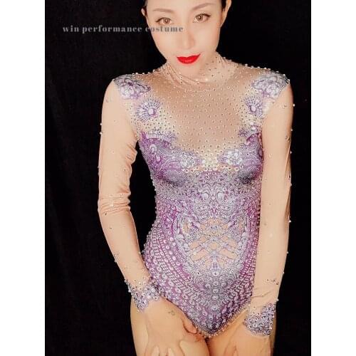 Dancers bright rhinstone printed stretch evening party women‘s birthday nightclub show bodysuit show leotard