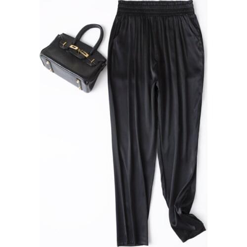 Womens 93% Silk 7% Spandex Satin Silk Long Pants Trousers Harem Pants elastic waist many colors MM017