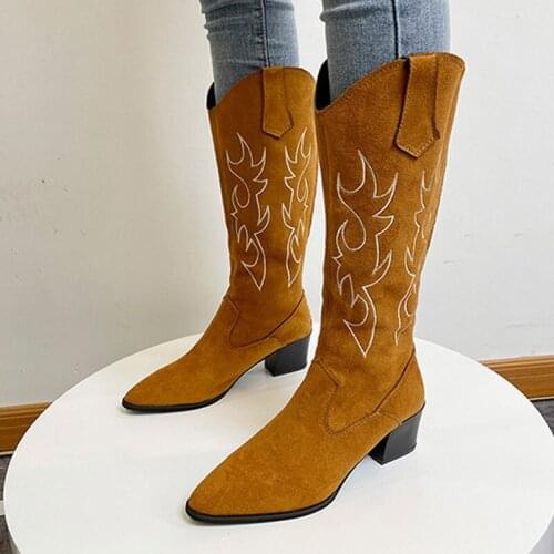 2021 Women Autumn New Mid-calf Boots Female Platform Flock Block Heels Pointed Toe Shoes Ladies Zip Keep Warm Casual Footwear