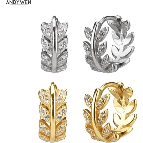 ANDYWEN 925 Sterling Silver 8.5mm Leaves Huggies Middle Hoops Loops Round Luxury Earring Ring Piercing Crystal CZ Women Jewelry