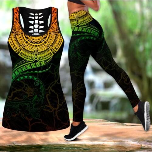 Polynesian Tattoo Pattern 3D Printed Hollow Tank Top & Leggings Set Fitness Female Full Length Leggings Running Pants DDK79