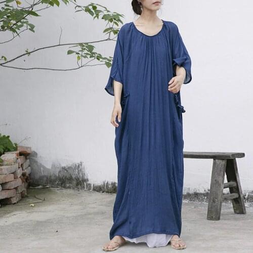 Johnature Women Navy Blue Dresses O-Neck Bat Sleeve 2021 Summer Pockets Robes Vintage Fold Female Clothes Long Dress