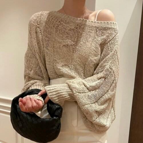 Korea Chic Autumn Retro Lazy Wind Loose Bat Sleeves One-Shoulder Hollow Linen Pattern Sweater Top Women