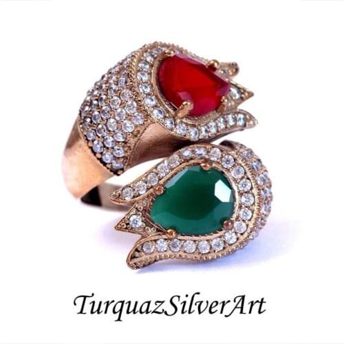 Handmade Woman Green And Red Tulip Zircon Gemstone Ring, Ottoman-Antique-Ancient Type Woman 925 Silver Ring
