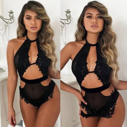 2021 Womans Mesh Lace Sexy Lingerie Flower Embroidery Perspective Hollowed-out Halter Jumpsuit For Ladies Night Club Honeymoon