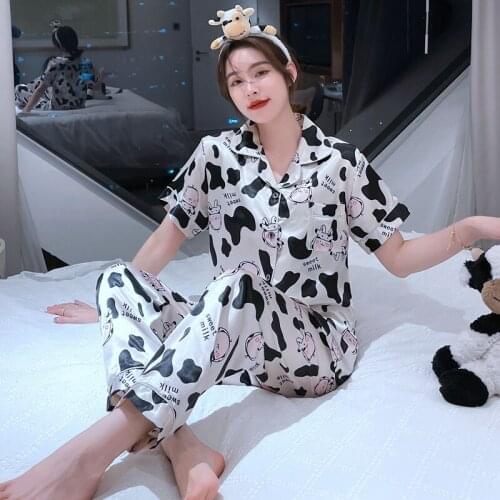 2021 Summer Silk Satin Cute Cartoon Cow Pajama Sets Women Short Sleeve Long Pants Sleepwear Pyjama Homewear Pijama Mujer Clothes
