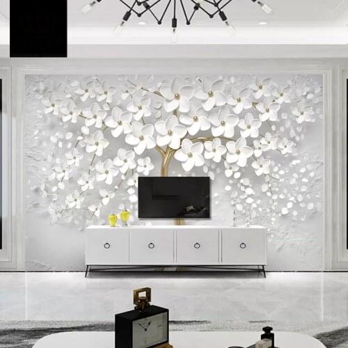 3D Simple sofa TV background wall mural estheticism wedding room bedroom white flowers three dimensional relief fresh wallpaper