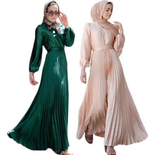 Arab Kaftan Long Dress Muslim Pleated Ramadan Loose Fashion Maxi Robe Abaya Women Middle East Jilbab Turkish V-neck Dresses New