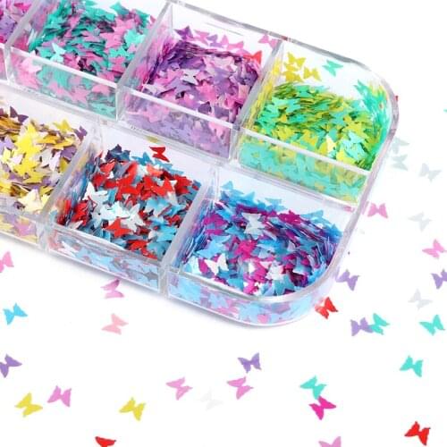 12Grid/Set Multi-color Pearl Rainbow Nail Glitter Sequins Sparkly 3D Thin Butterfly Flakes Polish Decor for Nail Art Accessories