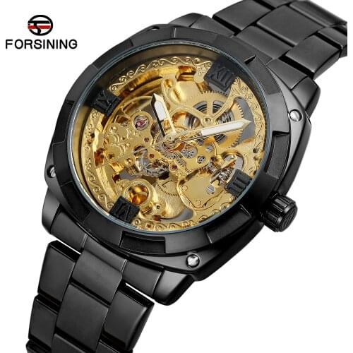 Forsining Top Brand Retro Classic Royal Design Golden Skeleton Luxury Black Steel Transparent Mens Automatic Mechanical Watches
