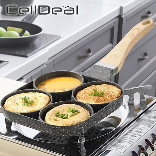 Four Hole Frying Egg Pan Non-stick Hamburger Machine Egg Dumpling Mold Omelet Pancake Pan Breakfast Maker with Wooden Handle