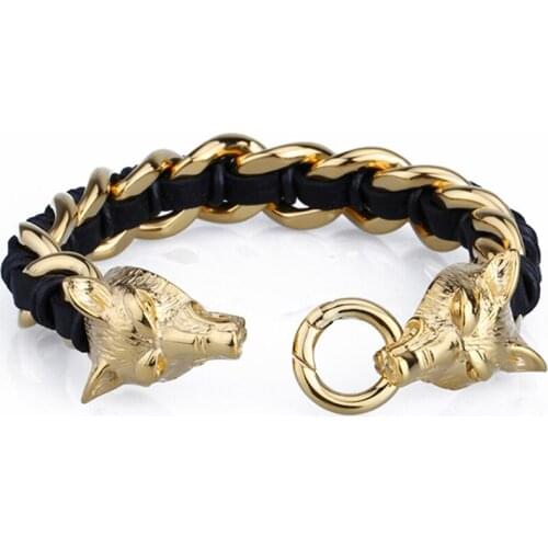 Wolf Head Leather Bracelet Men Mens Leather Bracelets Heavy Metal Gold Stainless Steel Male Jewelry Friendship Gifts For Him