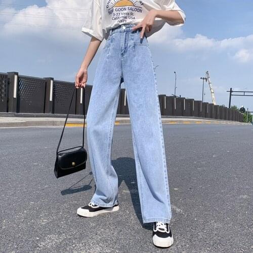 Cotton Wide Leg Women able StreetStyle 2021 New Casual Denim Lady long Pants Jeans Vintage Quality solid Fashion Retro trousers