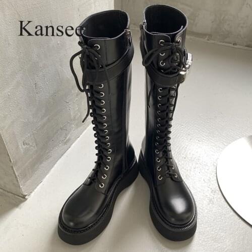 Kanseet Fashion 2021 Autumn Winter New Slim Zipper Women Knee-High Boots Round Toe Mid Heels Shoes Black Size 40 Long Boots