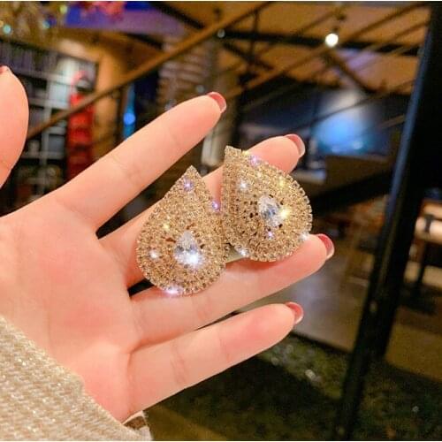 Classic Rhinestone big Water Drop Shaped Crystal Bridal Gold color Stud Earrings Wedding Jewelry For Brides Bridesmaid