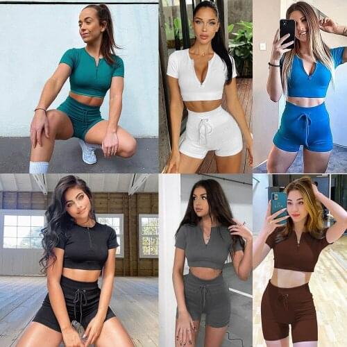 2pcs Seamless Sports Yoga Fitness Clothing Short-sleeved Zipper Tops High Waist Shorts Drawstring Workout Suits GYM Outfits