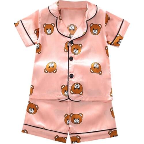 Baby Boys Girls Summer Sleepwear Pajamas Outfit Short Sleeve Cartoon Print Turndown Collar Buttons Front Top with Shorts Set