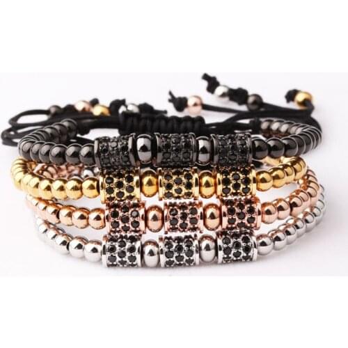 Fashion Jewelry CZ Tube Stainless Steel Beads Men Women Macrame Bracelet