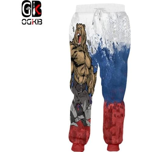 OGKB Mens 2019 Creative Bear Large Size Red and blue National flag Sweatpants Casual 3d Printed Russia Funny Pants 6xl