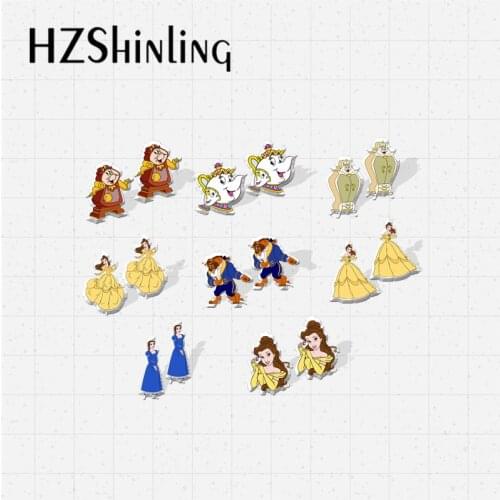 2021 New Beauty and Beast Bell Princess and Prince Rose Characters Epoxy Handcraft Jewelry Kawaii Acrylic Stud Earrings