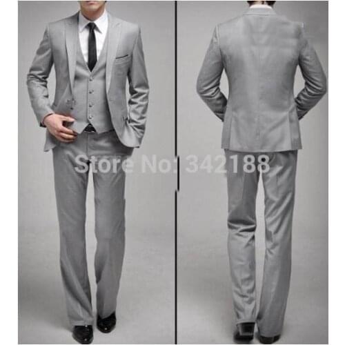 New Custom Made One Button Slim Fit Light Grey Groom Tuxedos Side Slit Groomsmen Men Wedding/Dinner Suits(Jacket+Pants+Tie+Vest)