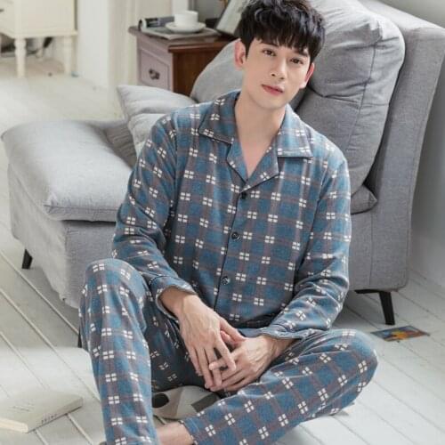 New Spring 100%Cotton Men Pajamas Set Striped Pijamas Long Tops+Long Pants Two Pieces Set Mens Pyjamas Plus Size Male Nightwear