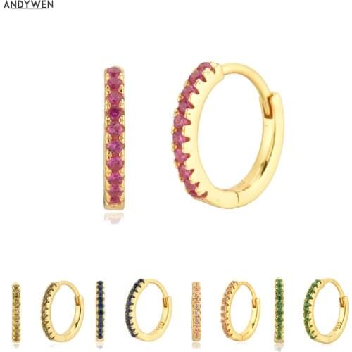 ANDYWEN 925 Sterling Silver Gold Rose Red Huggies 9.5mm Zircon CZ Luxury Fashion Rock Punk Piercing Hoop Loops Pendientes