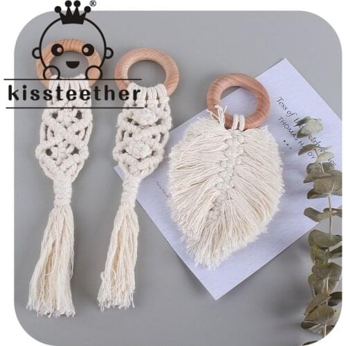 Kissteether Baby Beech Wood Teether New Hand-Woven Cotton Rope Molar Stick Shape Pacifier Wooden Teether Newborn Feeding Gifts