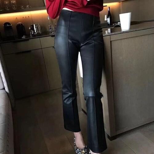 Most fashion dark red color pu leather motorcycle Pants female Ankle length mid waist small flare leather pants wq742 dropship