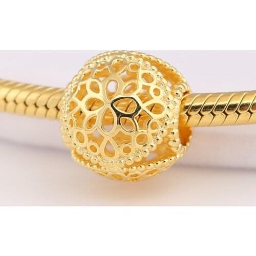 Shine Openwork Flower Bead Charm Authentic S925 fit Lady Bracelet Bangle DIY Jewelry