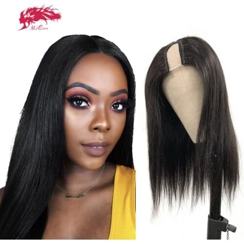 U Part Wig Glueless Straight Human Hair Wigs 180% Density Ali Queen Hair Wigs For Women Brazilian Remy Human Hair Natural Black