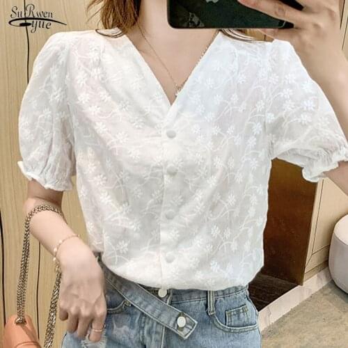 Summer Lace Embroidery Shirt Women Ladies Korean V-Neck Puff Sleeve Floral Blouse New French Style Loose White Female Tops 15264