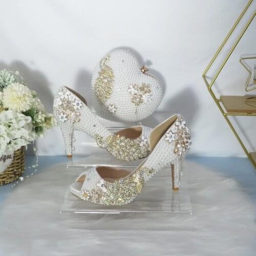BaoYaFang White pearl Bridal Women wedding shoes with matching bags 8cm High Thin heels Open Toe Peacock Ladies Party bag set