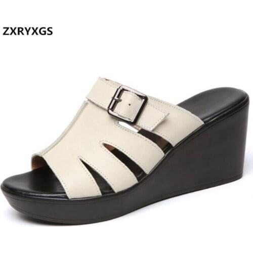 2020 New Summer Wear Wild Soft Cowhide Leather Slippers Women Sandals Shoes Platform Wedges Sandals Women Shoes Shoes Size 33-41