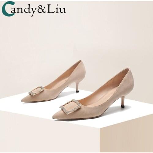 Nude High Heels Womens 2021 Spring New Square Button Frosted Suede Shallow Mouth 5cm Thin Heel Pointed Middle Heel Single Shoes