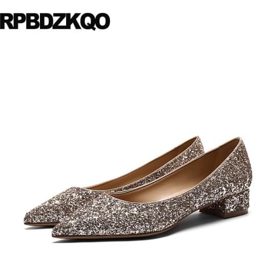 Size 33 pointed toe golden wedding glitter ladies low heels shoes plus 2019 4 34 thick block chunky gold blue sequin pink pumps