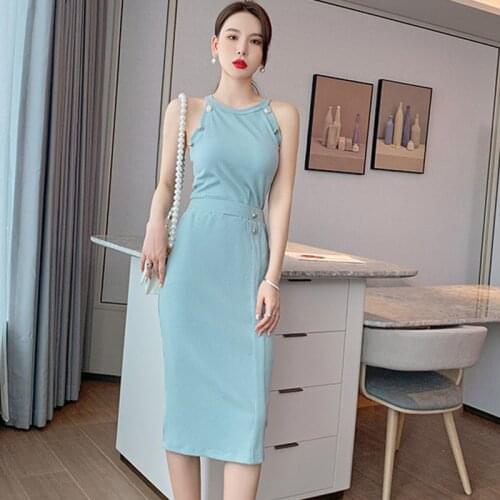 Fashion Summer Women Korean Retro Sexy Sleeveless Button Halter T-Shirt Strapless Casual Tank Top High Waist Skirt Two Piece Set