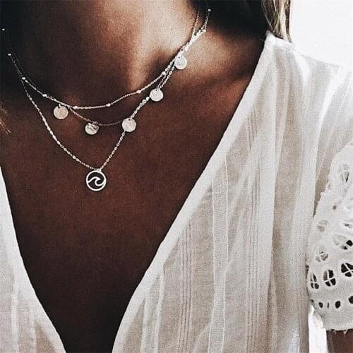 FNIO Simple Design Silver Color Wave Choker Necklaces & Pendants For Women Sequins Pendant Multilayer Necklace Waves Chokers