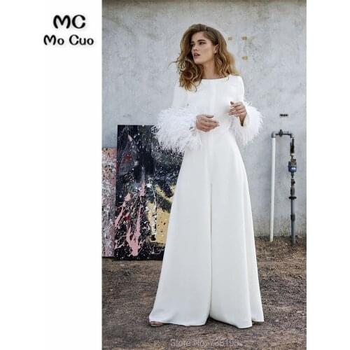 Whiter Feather 2021 Jumpsuit Evening Dresses Long Scoop Long Sleeves Womens Evening Dress Elastic Satin Prom Gown