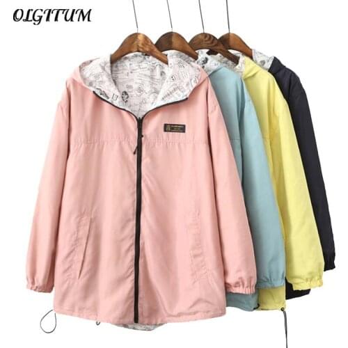 2020 New Spring Women Coat Pocket Zipper Design Hooded Two Side Wear Cartoon Print Candy Color Jacket Outwear Loose Plus Size