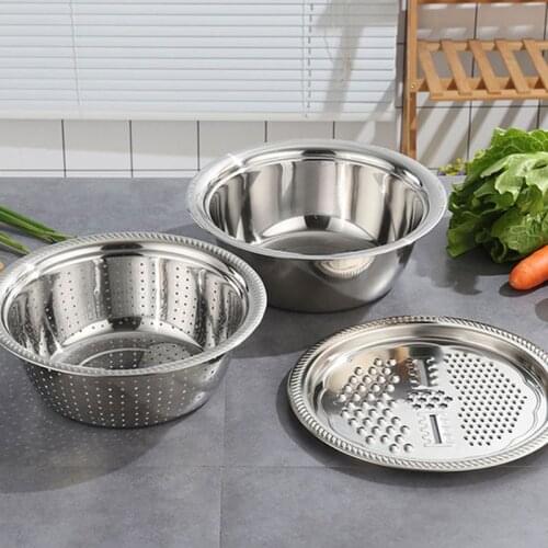 3Pcs/Set Home Kitchen Portable Drain Basin Shaving Basin Multifunctional Stainless Steel Basin with Filter/Grater/Bowl