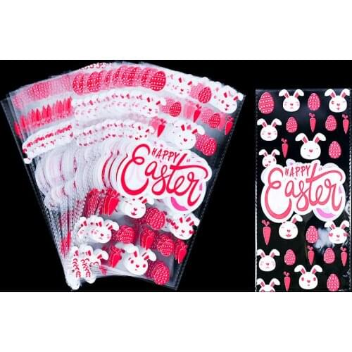 50pcs Easter Bunny Rabbit Eggs Plastic Candy Bag Cookie Popcorn Biscuits Snack Baking Packaging Bag Easter Party Favors Decor