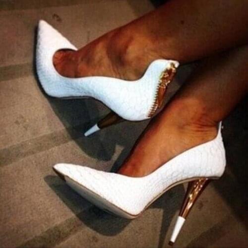 White Crocodile Shoes Gold Zipper Metal Heels Pumps Sexy Pointed Toe Python 12cm Dress Shoes Plus Size 13