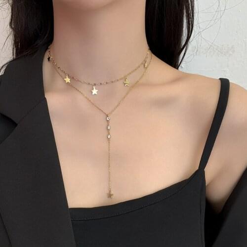 Stainless Steel Fashion Upscale Jewelry Gold Color 2 Layer Pentagram Pendant Charms Chain Necklaces For Women Sweater Chain