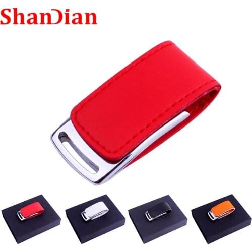 SHANDIAN Custom Logo Leather USB Flash Drive Real 4GB 8GB 16GB 32GB 64GB USB 2.0 Pen Drive with Gift Cardboard Box