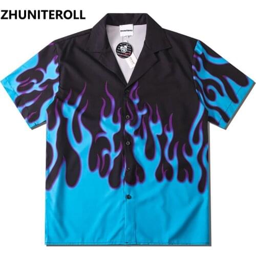 2021 Blue Fire Flame Print Hawaiian Beach Shirts Hip Hop Button Shirt Mens Summer Fashion Short Sleeve Holiday Party Blouse Tops